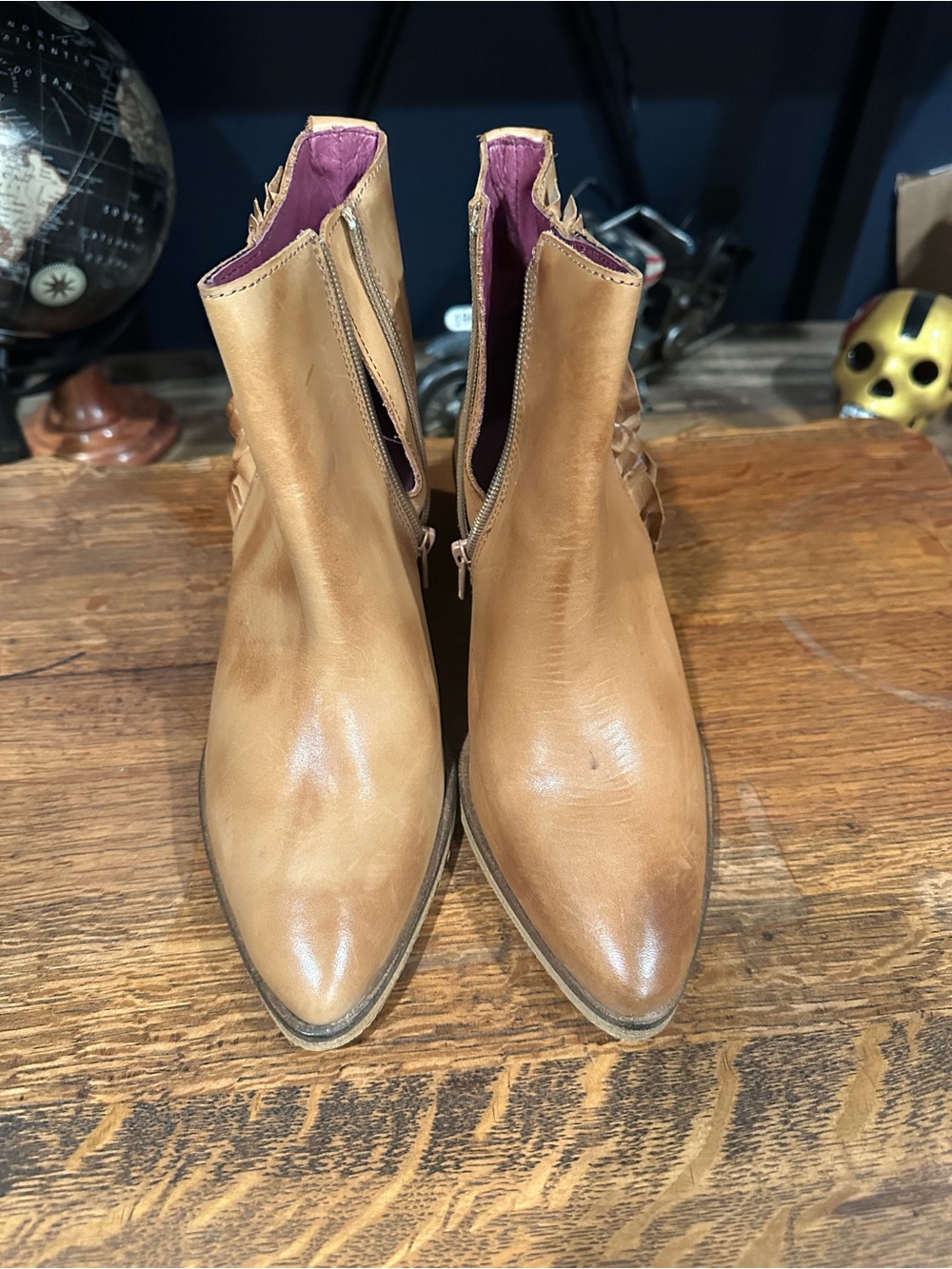 Women's Tan Leather Ankle Booties with Ruffle Side Detail - Picture 8 of 8